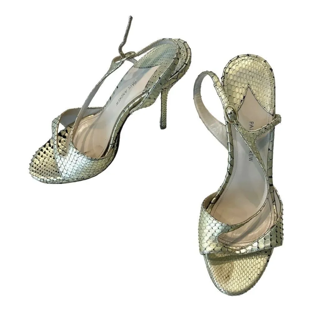 Paul Andrew Italy Gold Snakeskin Leather Strappy Platform Stiletto Sandals 37 EU